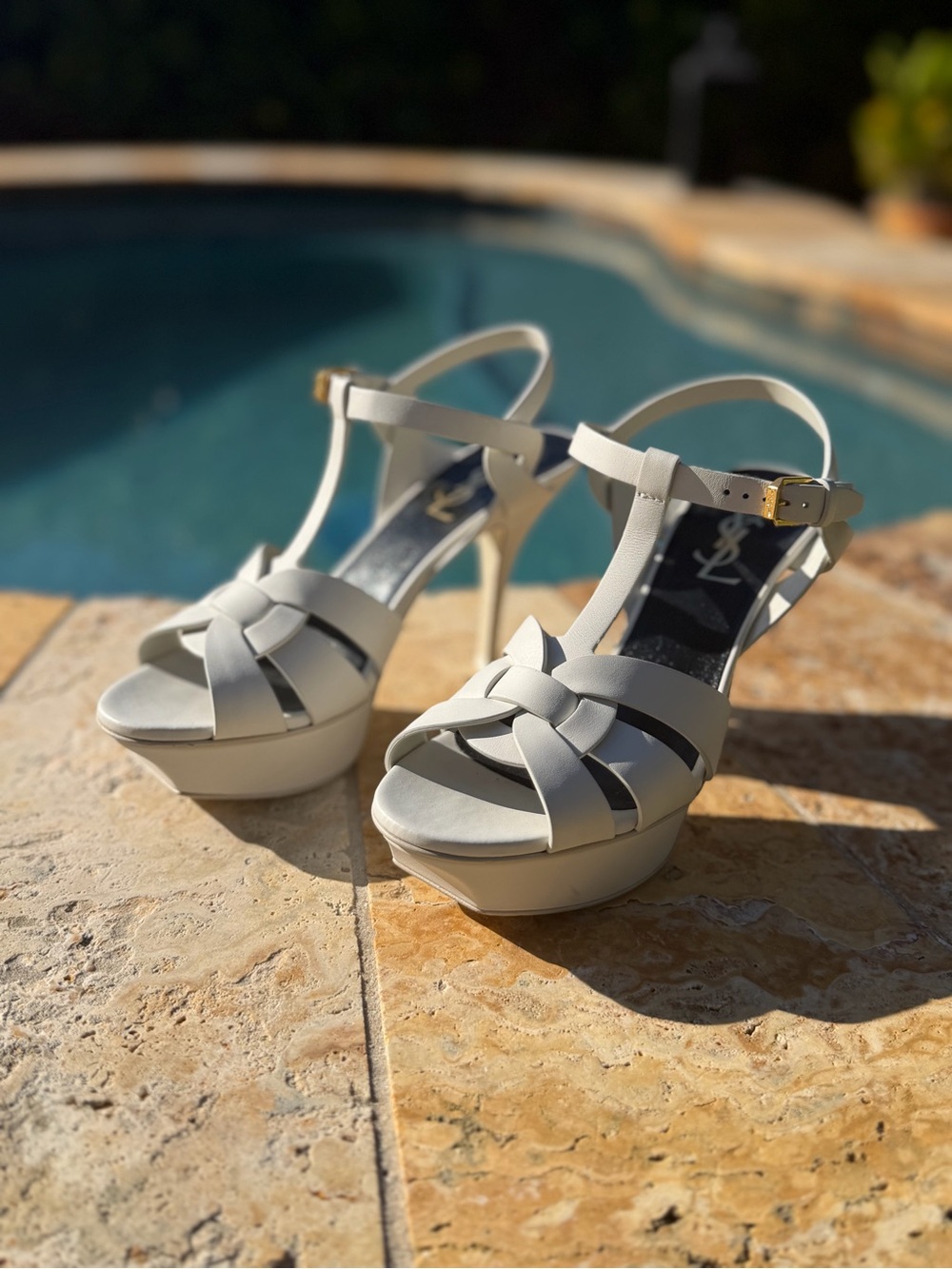 Yves Saint Laurent White Leather T-Strap Platform Heels